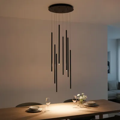 Productafbeelding van Design hanglamp Elettra 8-lichts zwart, AI-gegenereerde afbeelding