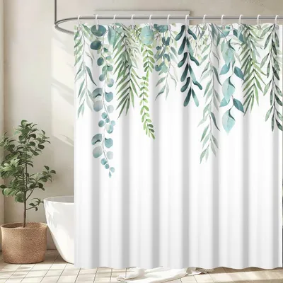 Produktbild von Duschvorhang 180 x 180 cm, schimmelresistenter Duschvorhang mit grünem Blätter- und Eukalyptusmotiv, wasserdichtes Polyestergewebe, waschbarer Badezimmervorhang mit 12 Haken für das Badezimmer
