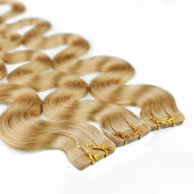 Produktbild von hair2heart Tape Extensions Echthaar Gewellt - 10 Tapes 2.5g 50cm 9/31 lichtblond gold-asch