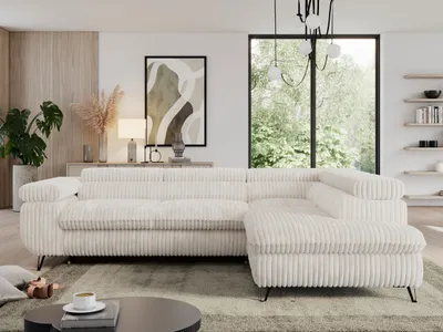 Produktbild von Sofa L-form, mit Bettkasten, Modern Wohnzimmer Ecksofa, Couchgarnitur, Schlaffunktion - PEDRO L - Cord - Beige - Rechts