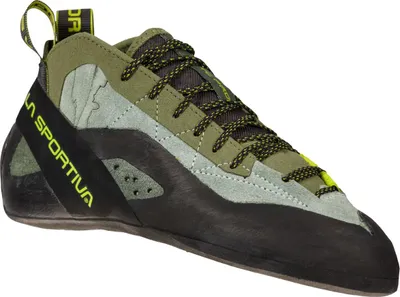 Schnür-Kletterschuh "TC Pro" von La Sportiva in Olivgrün mit schwarzer Sohle und gelben Akzenten.