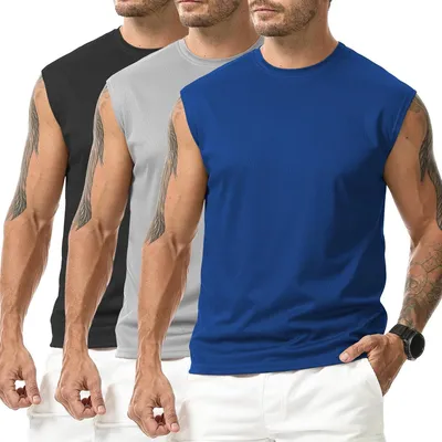 Produktbild von Set aus 3 Herren-Sportshirts ohne Ärmel in Schwarz, Grau und Marineblau, ideal für Laufen und Fitness