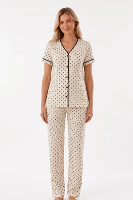 Produktbild von Damen Schlafanzug Pyjama-Set V-Ausschnitt Knopfleiste Kurzarm Polka Dot L-3XL, KI-generiertes Bild