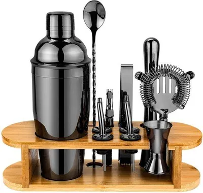 Productafbeelding van Unyqoos® Complete Cocktailshakerset – 750 ml roestvrijstalen shaker met stamper, maatbeker, barlepels, ijslepel, kurkentrekker, schenktuitjes en een opbergstandaard