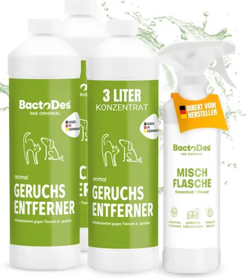 Produktbild von BactoDes Animal Geruchsentferner 3 x 1 L – Effektiver Enzymreiniger gegen Tiergerüche wie Katzenurin u. v. m., Konzentrat mit Misch- & Sprühflasche