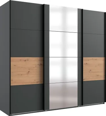 Produktbild von Schwebetürenschrank Barmbek Kleiderschrank mit Spiegel Ausführung wählbar,graphit / Eiche Artisan,225x64x208cm