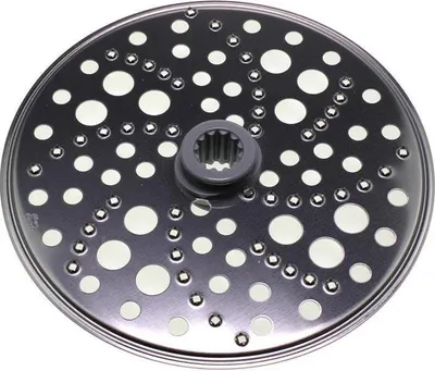 A close-up, top-down view of a food processor attachment disc.