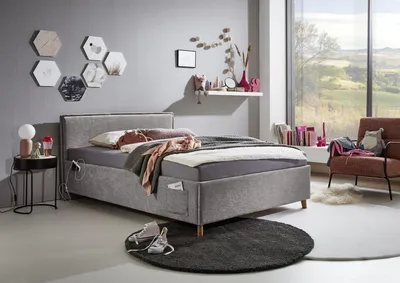 Produktbild von Meise Möbel Kinderbett FUN 120x200 cm | Bettgestell | Kopfteil glatt | Webstoff Grau | Holzfuß eichefarbig