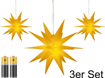 Produktbild von 3er Pack 3D Leuchtstern - Weihnachtsstern / warm-weiß beleuchtet / für Innen und Außen geeignet / hängend / 100cm Zuleitung / ca. Ø 25 cm / batteriebetrieben (gelb)