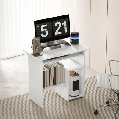 Immagine prodotto di MODFU Scrivania Scrivania da ufficio Scrivania da lavoro con vassoio estraibile per tastiera, scrivania per PC Scrivania con ripiano in truciolato e scomparti aperti, bianco