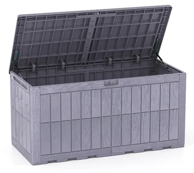 Image de COSTWAY : Coffre de jardin de 455 litres, résistant aux intempéries, 2 en 1 : coffre de rangement et banc de jardin, avec couvercle verrouillable, amortisseurs à gaz et poignées. Boîte de rangement pour coussins, outils et accessoires de piscine