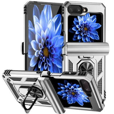 Immagine prodotto di Custodia per Samsung Galaxy Z Flip 5 a doppio strato con copertura scorrevole della fotocamera e supporto ad anello Argento