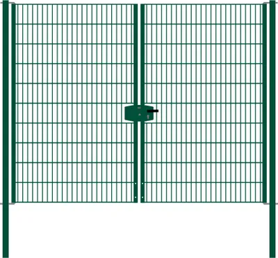 Produktbild von Drahtgittertor 2-flügelig, Durchgangslichte: 264 cm, Gesamtbreite inkl. Pfosten: 276 cm - Ausführung: grün beschichtet, Höhe: 203 cm