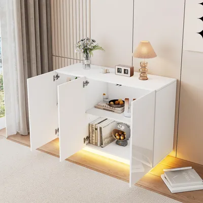 Produktbild von STILVORA Sideboard Hochglanz mit verstellbaren Regale,Beistellschrank mit Sockel LED-Licht,Esszimmerschrank mit öffnen&schließen Türen,Weiß