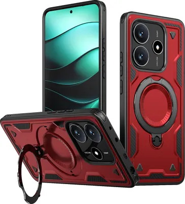 Produktbild von Dual Layer Hülle für Xiaomi Redmi Note 14 4G Metall Ring Ständer Magnetisch Stoßfest Militär Handyhülle Rot
