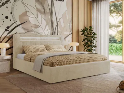 Produktbild von MKS MEBLE Polsterbett Doppelbett mit Holzlattenrost GOLD 5 CLASSIC Bettkasten LED Beleuchtung Gasdruckfeder 160x200 - Creme Plüsch