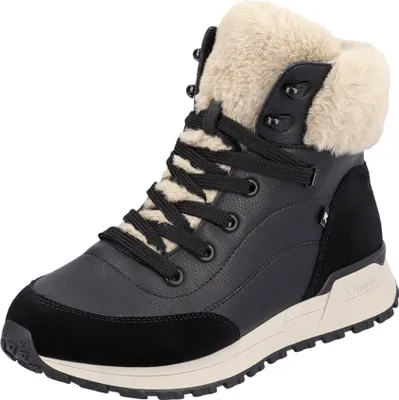 A single black winter boot with beige fur trim, shown from a side-angle on a white background.
