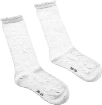 Produktbild von 5 Paar Kinder-Kniesocken in Weiß mit kariertem Muster und Blumen – bequem & stilvoll 32/35