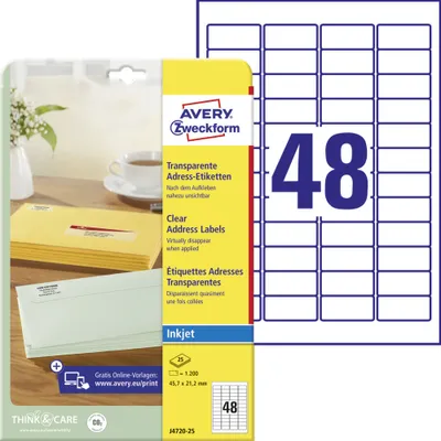 Produktbild von Avery Zweckform J4720-25 Adress-Etiketten, A4, 45,7 x 21,2 mm, 25 Bogen/1.200 Etiketten, transparent