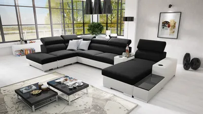 Produktbild von Wohnlandschaft in U-Form PERS V Ecksofa Eckcouch mit Schlaffunktion (Schwarz SAWANA 14 + weißes Kunstleder, Rechts)
