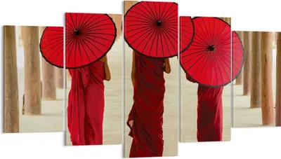 Produktbild von Bild auf Leinwand - Leinwandbild - 5 Teile - Bhutan Regenschirm Rot - 160x85cm - Wand Bild - Wanddeko - Wandbilder - Leinwanddruck - Bilder - Wanddekoration - Leinwand bilder - EA160x85-4290