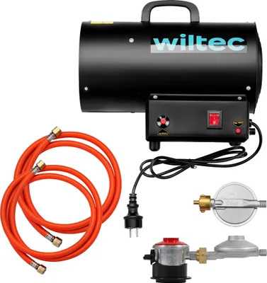 Produktbild von Wiltec Gasheizgebläse 15 kW inkl. Gasdruckminderer für Spanien 700 mbar, Gas Heizkanone mit 30 W Motor, Heißluftgenerator aus Stahl, LPG-betriebener Bauheizer
