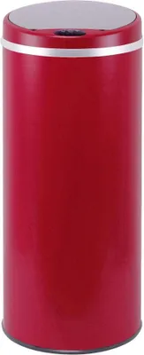 A red kitchen trash can with a silver lid and trim.