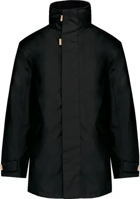 A black parka jacket is shown against a white background.
