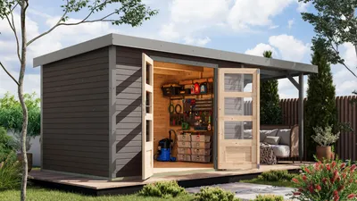 Produktbild von Karibu Gartenhaus Hybridhaus Metall Jupiter 4 im Set mit Anbaudach ca. 2,35 m breit terragrau 514,5x213,5x209 cm