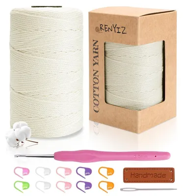 Immagine prodotto di Filo per uncinetto, filo per macramè, 2,5 mm, 250 g, 210 m, 100% cotone, bianco, con ago da uncinetto