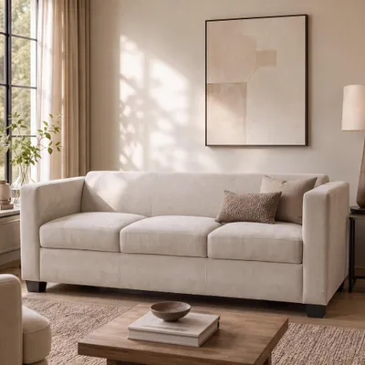 Immagine prodotto di Divano a 3 posti modello Lille, divano lounge, imbottitura a molle Nosag, rivestimento in tessuto chenille (260g/m²), colore beige, dimensioni: 190 cm