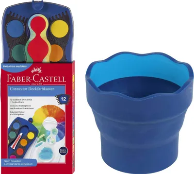 Produktbild von Deckfarbkasten Faber-Castell 125001 CONNECTOR, 12 Farben + 1 Tube Deckweiß, blau + Wasserbecher