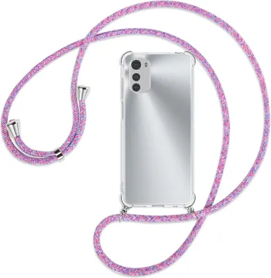 Produktbild von Handykette Backcover-Schutzhülle mit Band (Metall silberfarben) für Motorola Moto E32, Moto E32s - lila/rosa/blau