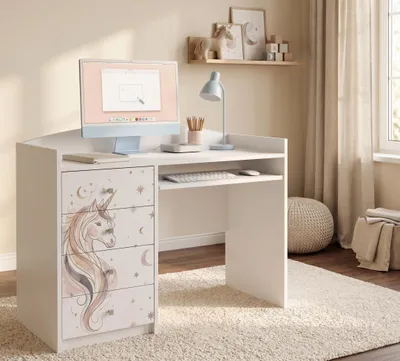 Image de Bureau pour enfant, blanc, avec motif enfantin. Bureau pour adolescent, 125x60 cm, avec quatre tiroirs. Bureau pour les devoirs, bureau pour ordinateur, idéal pour une chambre d'enfant, Image générée par une IA