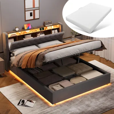 Produktbild von MODFU Boxspringbett 160x200 mit Matratze und Bettkasten,Doppelbett mit Stauraum-Kopfteil,Polsterbett mit LED und Steckdose,Dunkelgrau