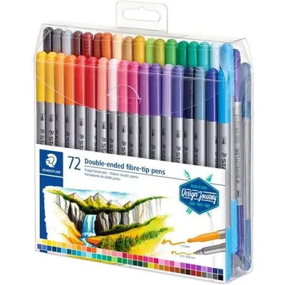 A clear plastic case containing a set of 72 double-ended fiber-tip pens in various colors.