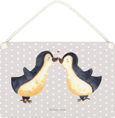 Produktbild von Mr. & Mrs. Panda Schild Pinguin Liebe DIN A5 - Grau Pastell - Geschenk, holzbild, Geschenkidee, Wandbild Holz, Holzschild, wandtafel, Hochzeitstag, Freundin, Türschild