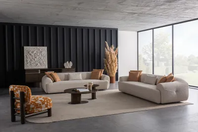 Image de Ensemble de canapés blancs, 3 pièces, avec coussins, moderne, 7 places, 256 x 103 cm