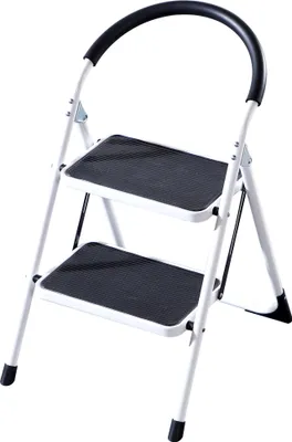 A white two-step folding step stool with black anti-slip treads and a black handle grip, shown against a white background.