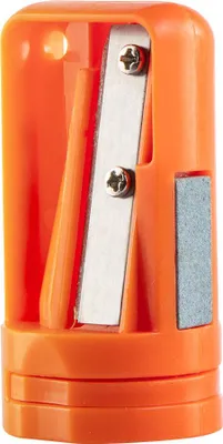A close-up studio shot of an orange pencil sharpener.