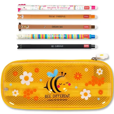 Produktbild von LEGAMI WonderWow Federmäppchen & radierbarer Stift | Set mit 5 niedlichen Tierstiften mit thermosensitiver Tinte + Federmäppchen mit 2 Fächern (Biene)