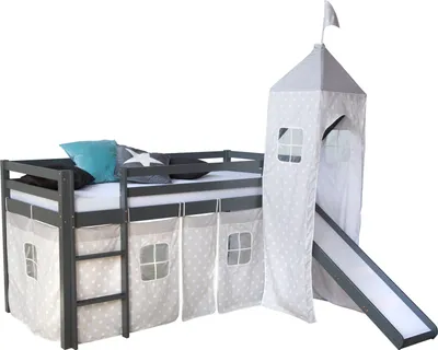 Image de Lits superposé 90x200 cm Gris avec Matelas Toboggan et Tour Lit mezzanine en Bois Pin Massif Rideau Étoilés Sommier à lattes