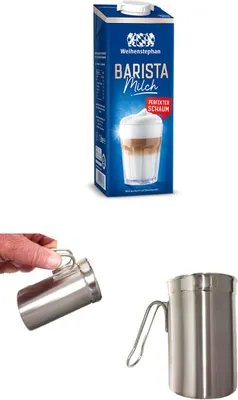 Produktbild von Weihenstephan Barista Milch 3% Fett, haltbare Vollmilch mit Drehverschluss 1l, Milch + Milchkännchen aus Edelstahl Milk Pitcher 350ml/12oz Milchkanne Milchschaumkännchen Milch Aufschäumen für Cappuccino und Latte Art, Silber