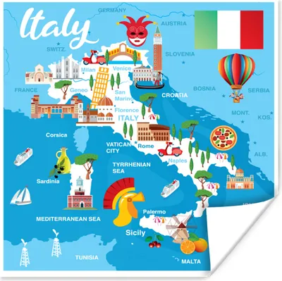Produktbild von MuchoWow® Poster Karte - Italien - Illustration 50x50 cm - Wohnzimmerdekoration