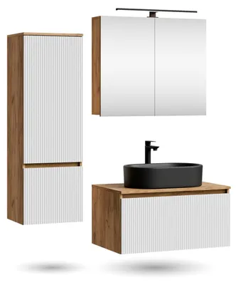 Produktbild von ARISA Badmöbel Set inkl. Hochschrank in Weiß Geriffelt - Mit Spiegelschrank "ARIA" und schwarzem Keramik-Aufsatzwaschbecken 55 cm
