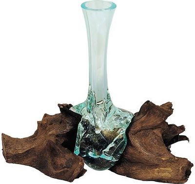Glas Vase mundgeblasen auf Wurzelholz Höhe 25cm Wurzelholz Designer Vase Wurzelholz Rosenvase Glas, Höhe 25 cm für Einzelblumen (Rosen) , Bouquet Vase , Teakholz Liqva, Wurzelholz Einzelblumenvase, Liqva Vase, Glas auf Teakholz