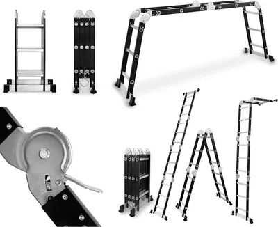 Imagen del producto de - Escalera articulada de 4 peldaños por tramo - fabricada en aluminio y acero - Escalera plegable, escalera de aluminio - Carga máxima: 125 kg - Escalera multiusos, escalera extensible - 0,32 x 0,98 x 0,25 m