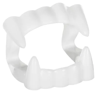 Weiße Vampirzähne aus Kunststoff in Einheitsgröße als gruseliges Kostüm Accessoire für Halloween, Karneval und Fasching.