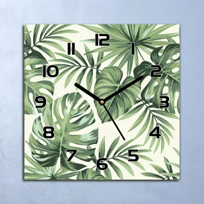Produktbild von Wanduhr Echt-Glas-Küchenuhr Grüne Palmblätter Quarz Lautlos 30x30 Deko Bilder
