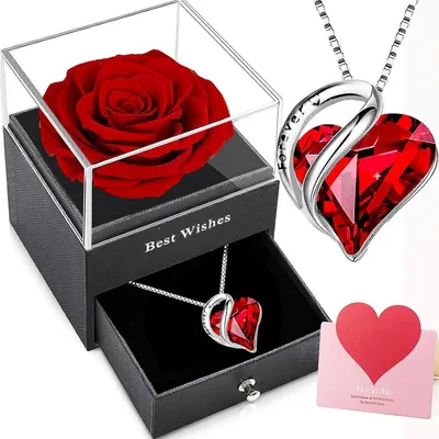 Produktbild von Ewige Rose mit Kette Damen Silber 925 Rubin Herzanhänger Geschenkbox